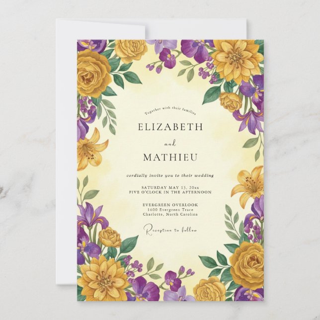 Convite Casamento Flor Silvestre Roxo Mostarda (Frente)