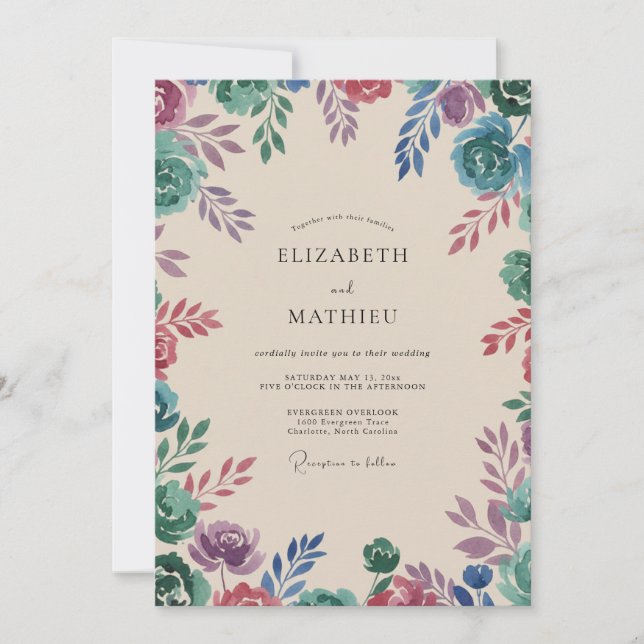 Convite Casamento Flor Silvestre Teal Ameixa (Frente)