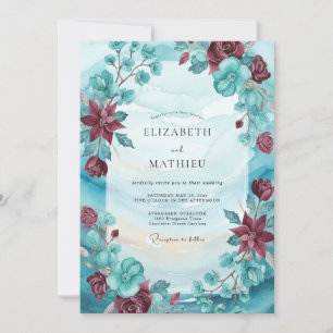 Convite Casamento Flor Silvestre Turquesa Borgonha