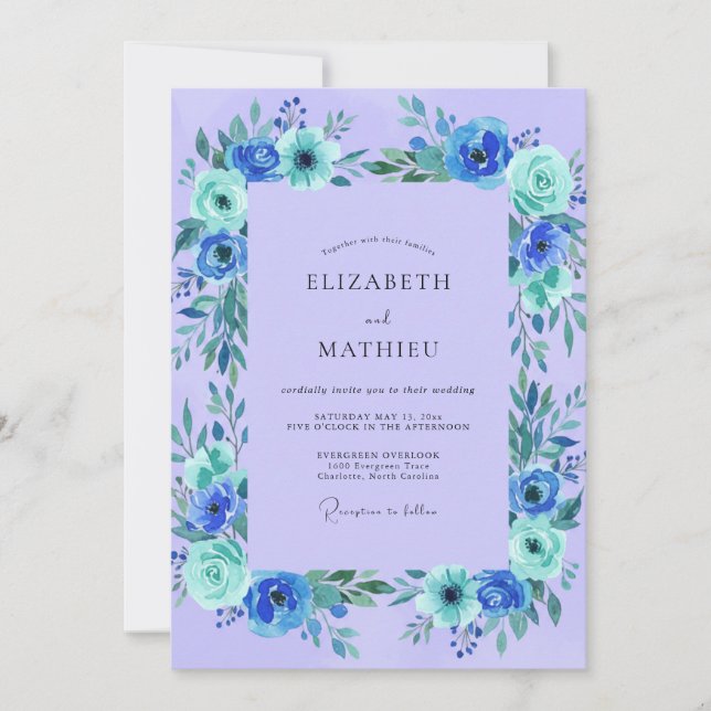 Convite Casamento Flor Silvestre Turquesa Roxo-marinho (Frente)