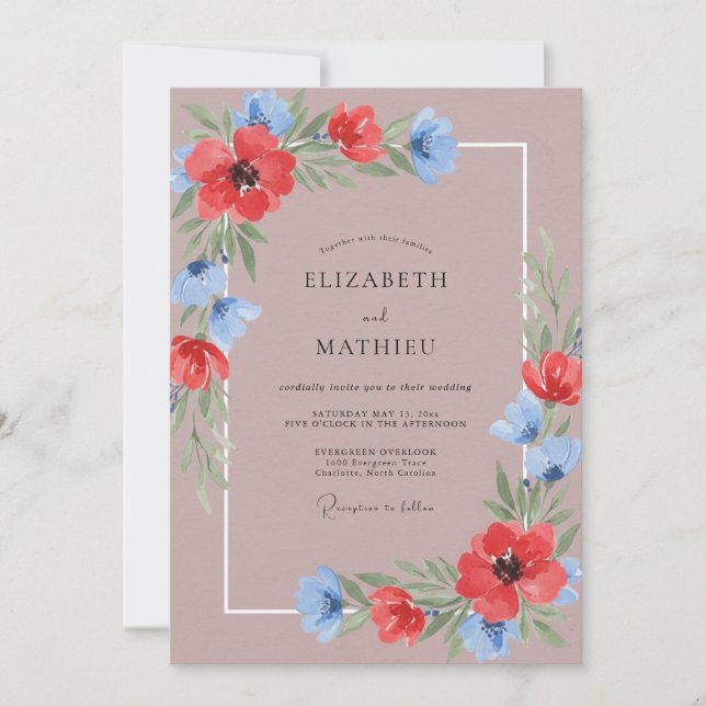 Convite Casamento Flor Silvestre Vermelha Malva (Frente)
