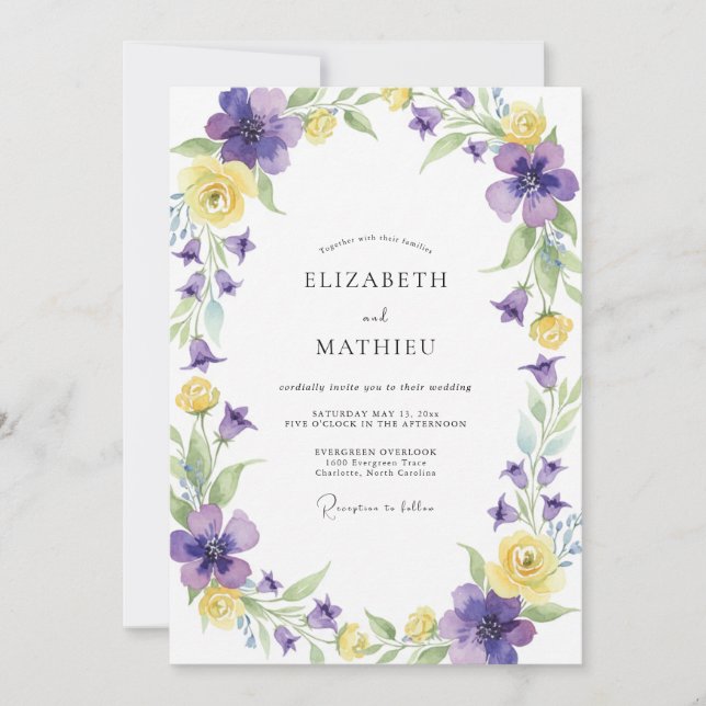 Convite Casamento Flor Silvestre Violeta Amarela (Frente)