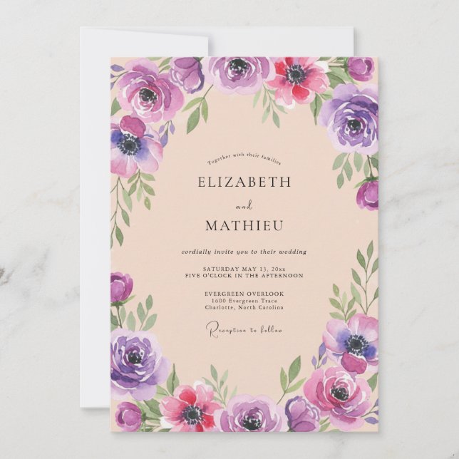 Convite Casamento Flor Silvestre Violeta Ameixa (Frente)