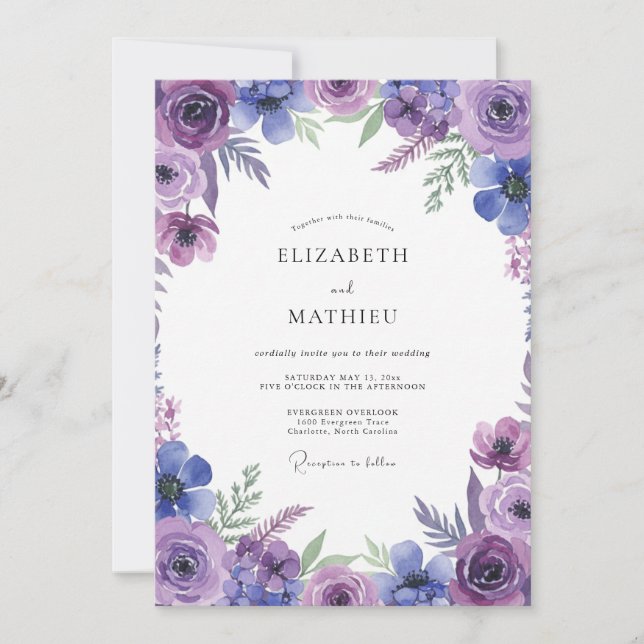 Convite Casamento Flor Silvestre Violeta Índigo (Frente)