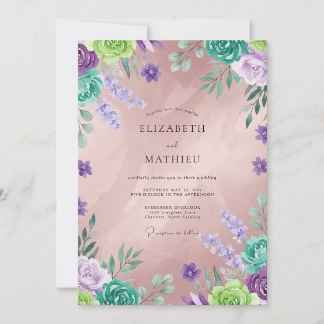 Convite Casamento Flor Silvestre Violeta Menta (Frente)