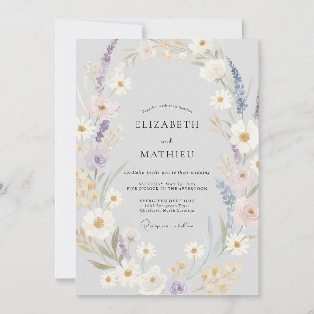 Convite Casamento Flor Silvestre Violeta Prata (Frente)