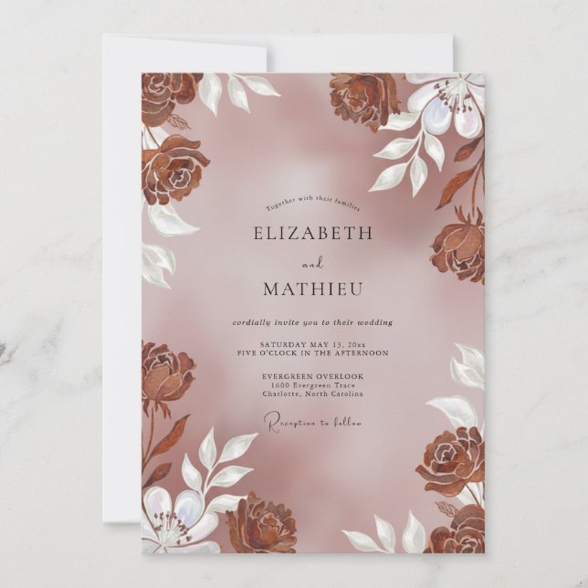 Convite Casamento Flor Terracota Marrom (Frente)