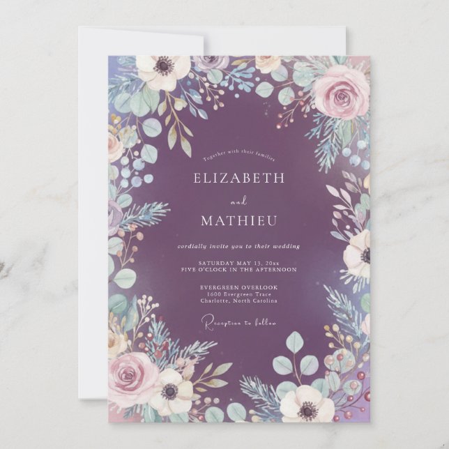 Convite Casamento Flora Botânica Plum Mystic (Frente)