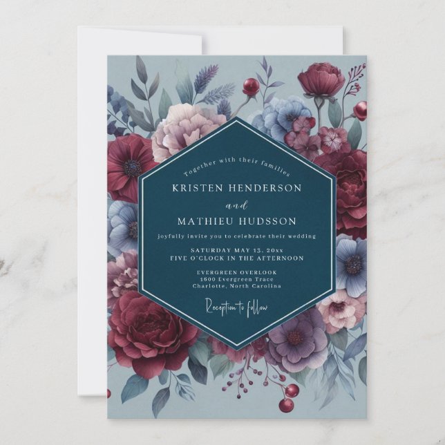 Convite Casamento Flora Carmesim Sombrio em Ardósia (Frente)