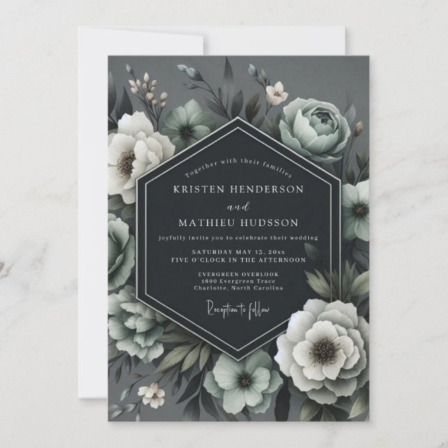 Convite Casamento Flora Dramático Carvão (Frente)