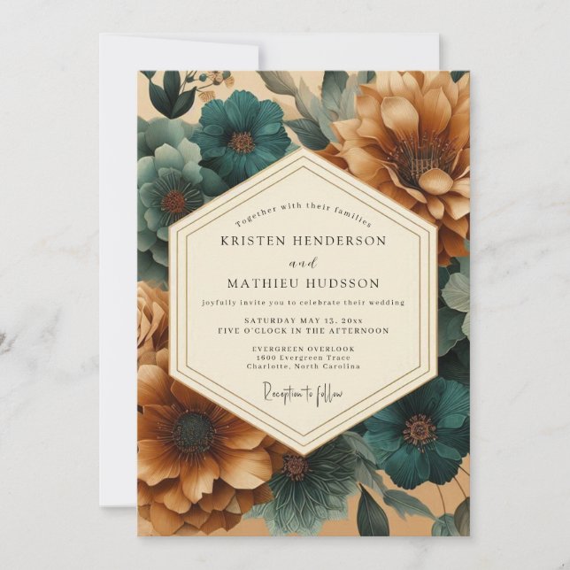 Convite Casamento Flora em Teal Copperplate (Frente)