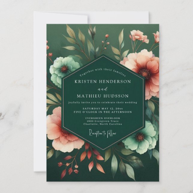 Convite Casamento Flora Esmeralda Pêssego (Frente)