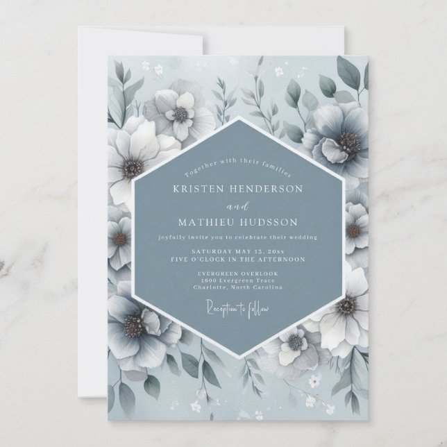 Convite Casamento Flora Etéreo Azul Aço (Frente)