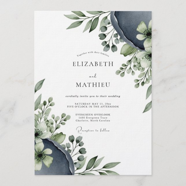 Convite Casamento Flora Etéreo Azul Ardósia (Frente)
