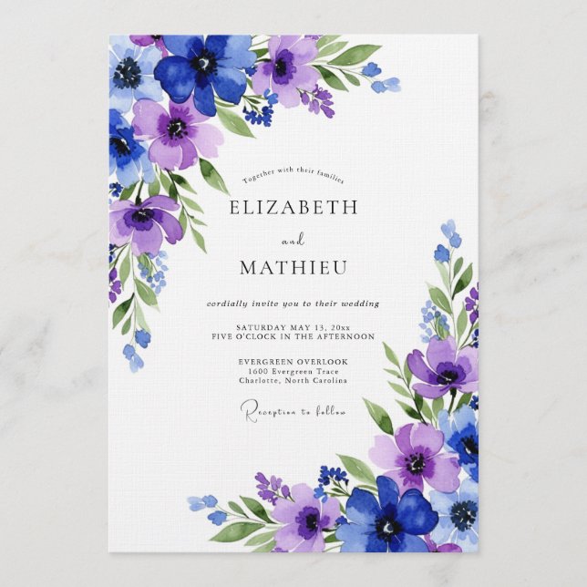 Convite Casamento Flora Etéreo Azul Real (Frente)