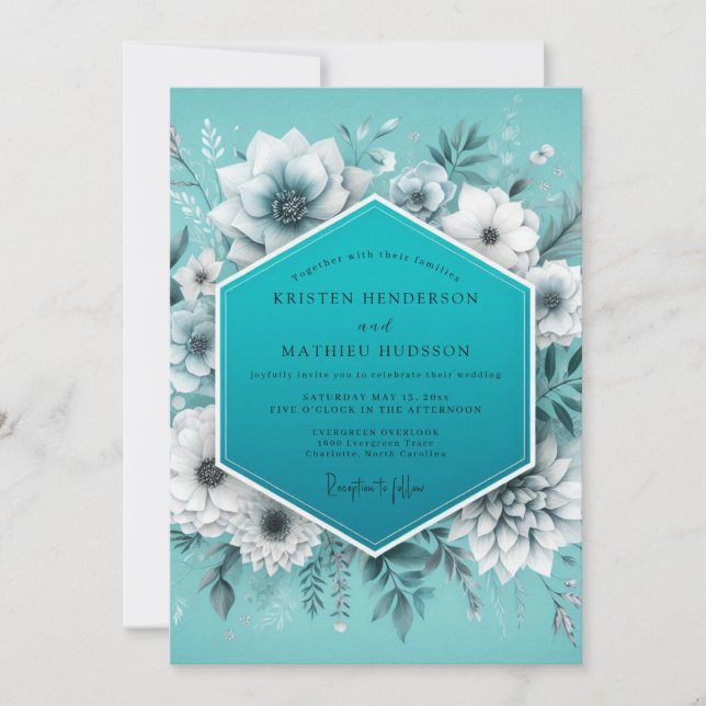 Convite Casamento Flora Glacial Aqua (Frente)