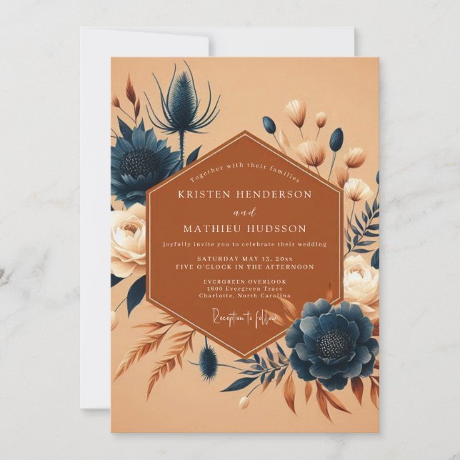Convite Casamento Flora Laranja Queimada Índigo (Frente)