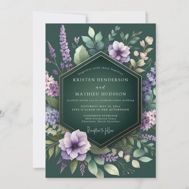 Convite Casamento Flora Lavanda Esmeralda (Frente)