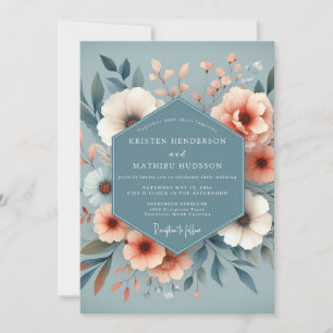 Convite Casamento Flora Pêssego Azul Ardósia