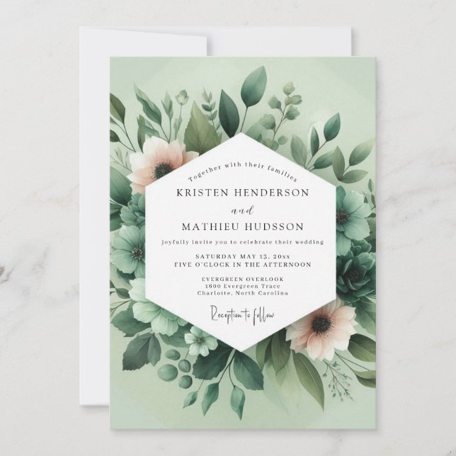 Convite Casamento Flora Pintado em Verde Sage (Frente)