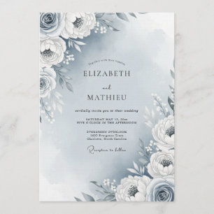 Convite Casamento Flora Pintura Azul Empoeirada