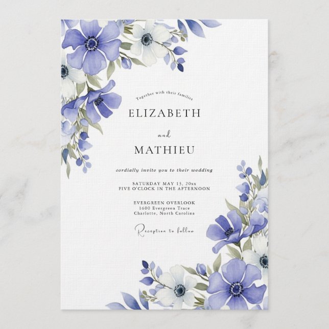 Convite Casamento Flora Pintura Periwinkle (Frente)