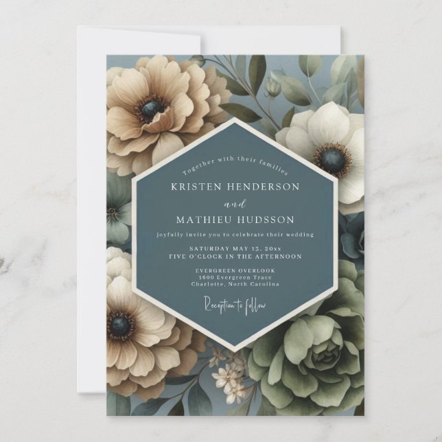 Convite Casamento Flora Silenciada Bege Ardósia (Frente)