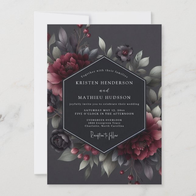 Convite Casamento Flora Sombria Claret (Frente)