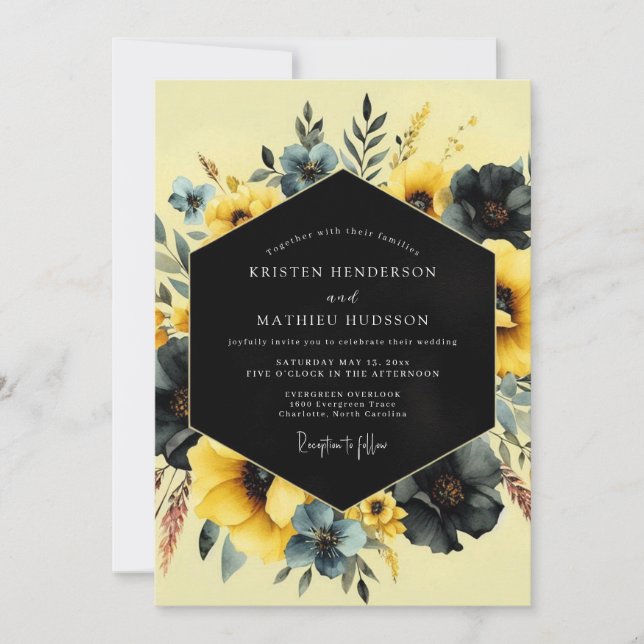 Convite Casamento Flora Sombrio Ardósia Açafrão (Frente)