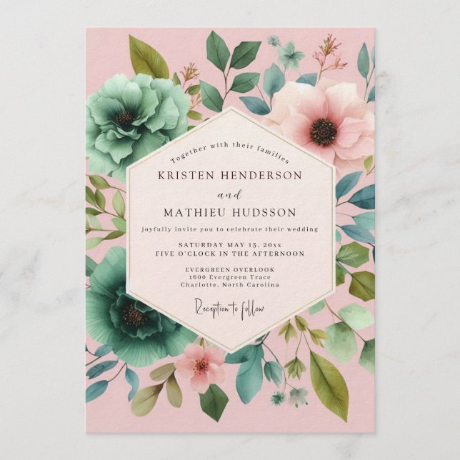 Convite Casamento Flora Teal Blush Pintado (Frente)