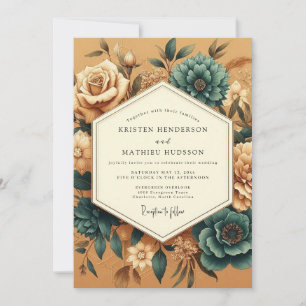 Convite Casamento Flora Vintage Marigold Azul-petróleo