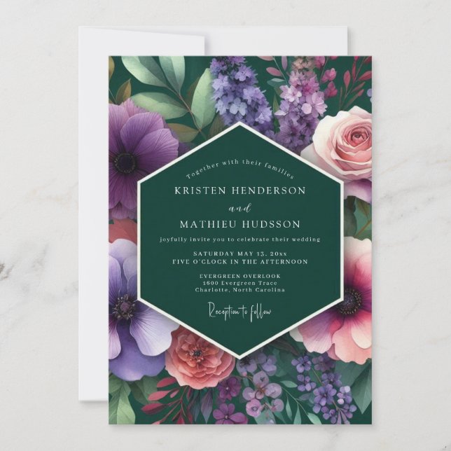 Convite Casamento Flora Violeta Esmeralda Vibrante (Frente)