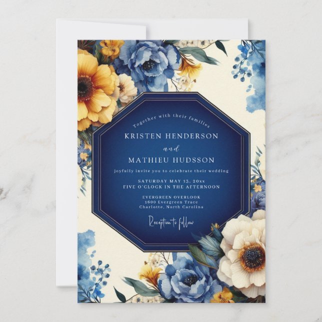 Convite Casamento Floração Artística Índigo (Frente)