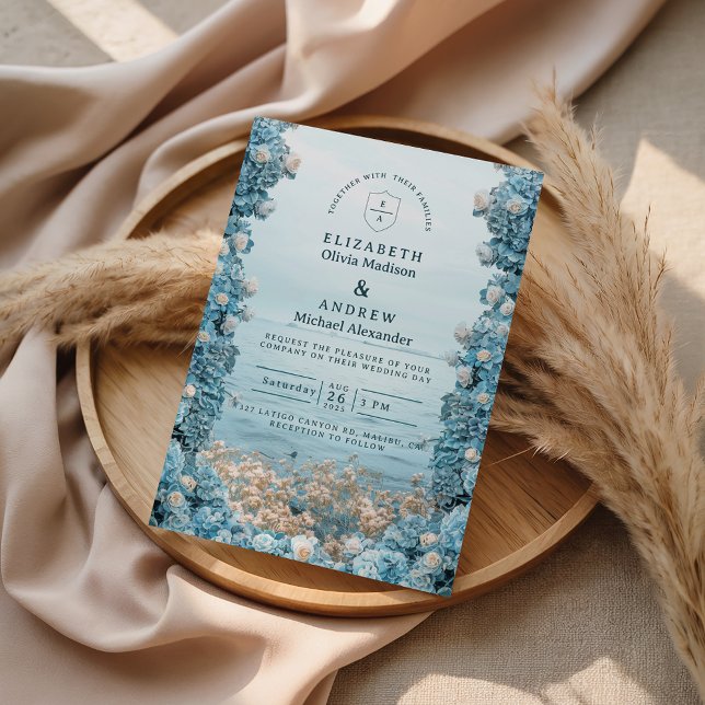 Convite Casamento Florais Azul Pastel Costeiro (Criador carregado)