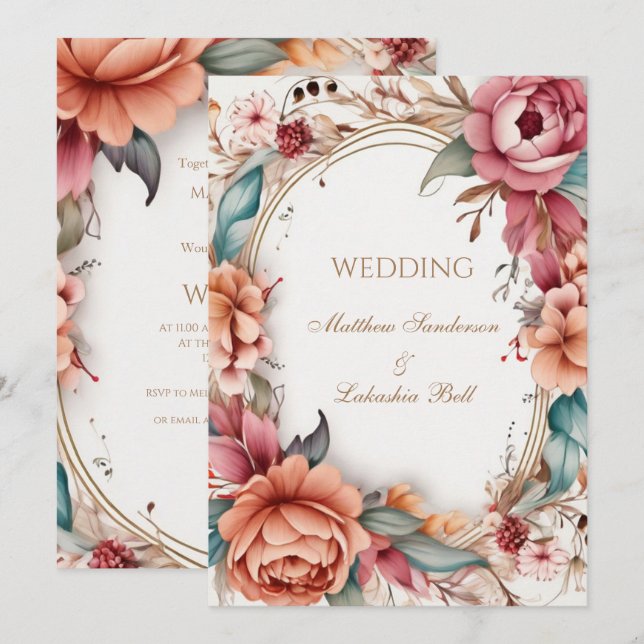 Convite Casamento Florais Boho Modernos Lindos  (Frente/Verso)
