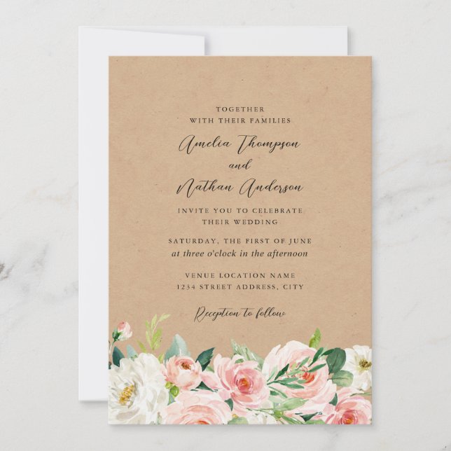 Convite Casamento Florais Botânicos Rosa Rústico País (Frente)