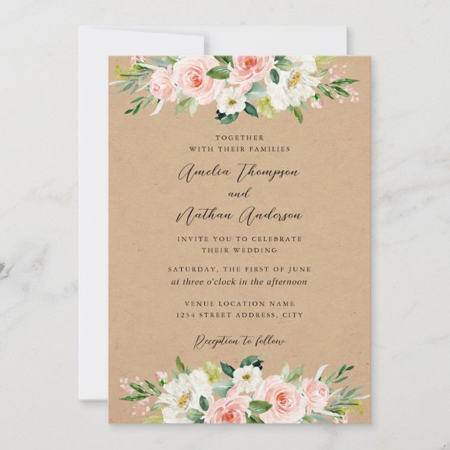 Convite Casamento Florais Botânicos Rosa Rústico País (Frente)