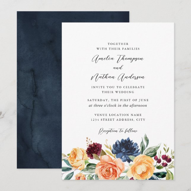 Convite Casamento Florais Botânicos Rústicos Aquarela (Frente/Verso)