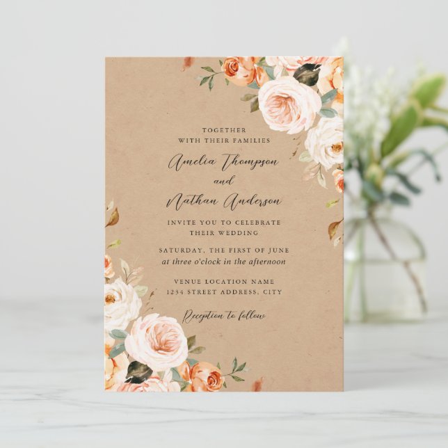 Convite Casamento Florais Botânicos Rústicos Bege Rosa (Em pé/Frente)