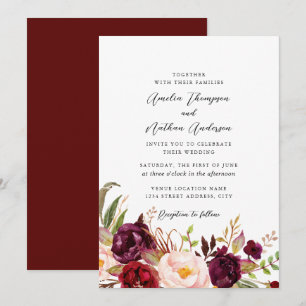Convite Casamento Florais Botânicos Rústicos Borgonha