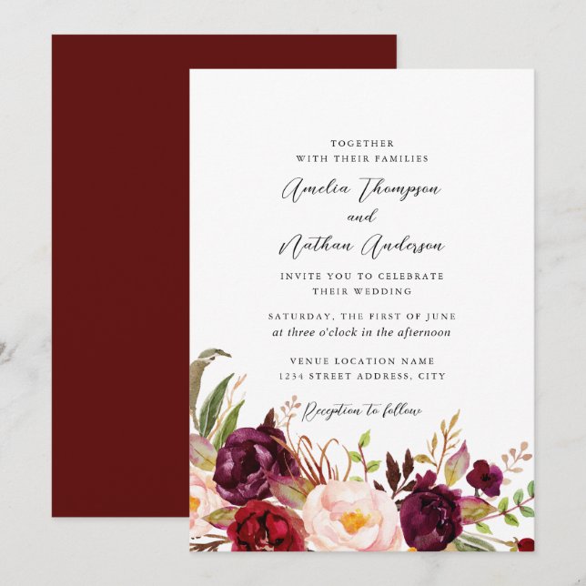 Convite Casamento Florais Botânicos Rústicos Borgonha (Frente/Verso)