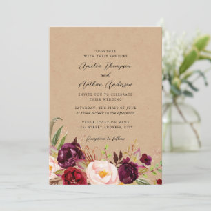Convite Casamento Florais Botânicos Rústicos Borgonha