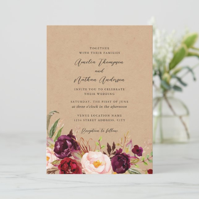 Convite Casamento Florais Botânicos Rústicos Borgonha (Em pé/Frente)