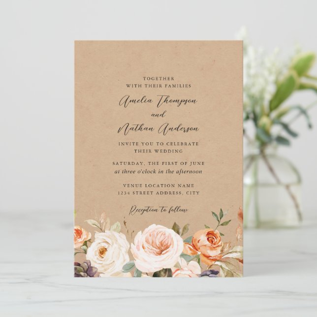 Convite Casamento Florais Botânicos Rústicos Laranja Queim (Em pé/Frente)