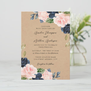 Convite Casamento Florais Botânicos Rústicos Marinho Rosa