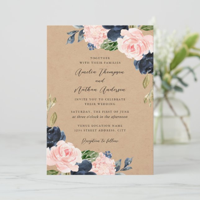Convite Casamento Florais Botânicos Rústicos Marinho Rosa (Em pé/Frente)