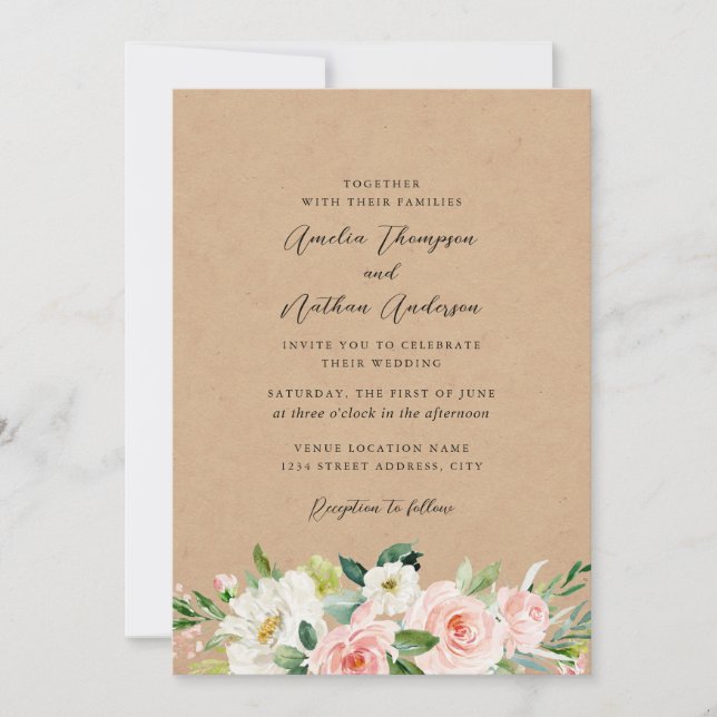 Convite Casamento Florais Botânicos Rústicos País Rosa (Frente)