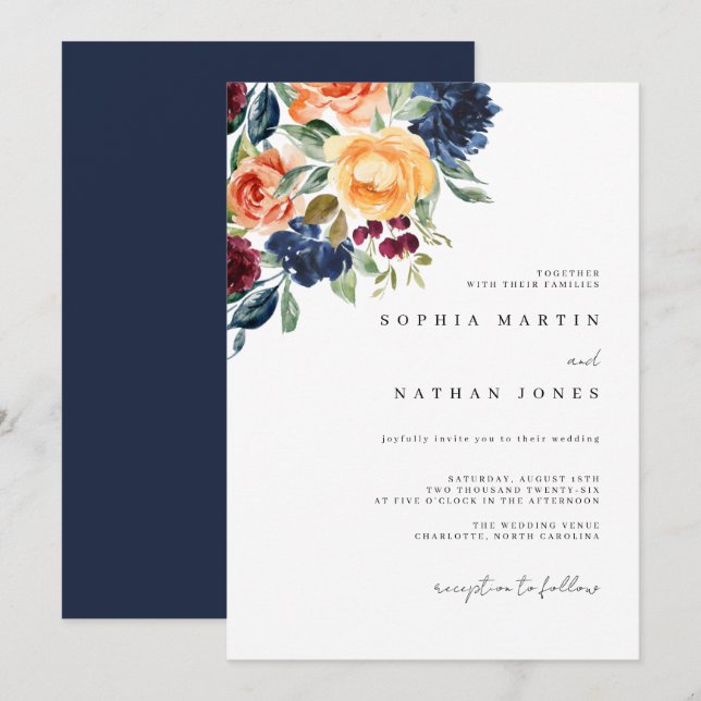 Convite Casamento Florais de Aquarela Naval de Outono Eleg (Frente/Verso)