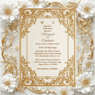 Convite Casamento Florais Herança Real Ornamentada em Ouro