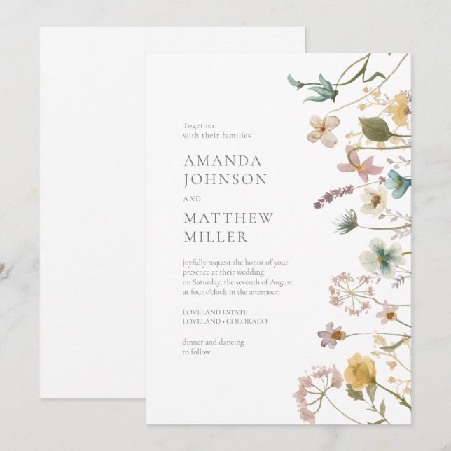 Convite Casamento Florais Pressionados Chic Primavera (Frente/Verso)